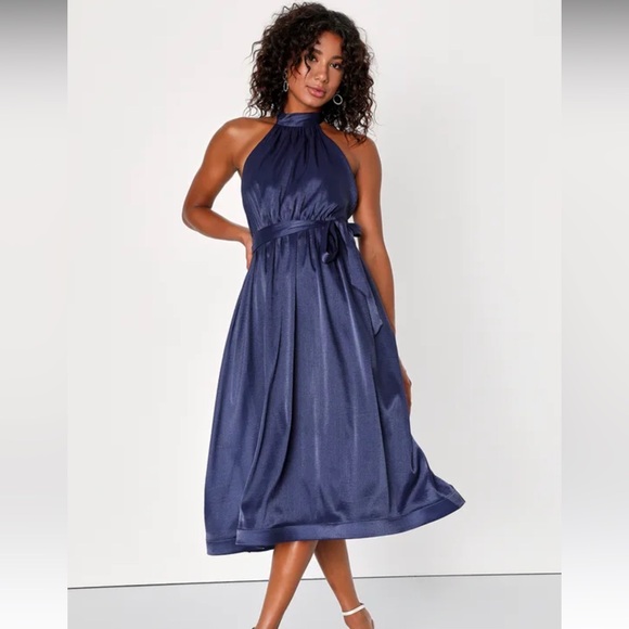 NWT Lulus Effortless Grace Navy Blue Organza Halter Midi Dress size L - Picture 1 of 4